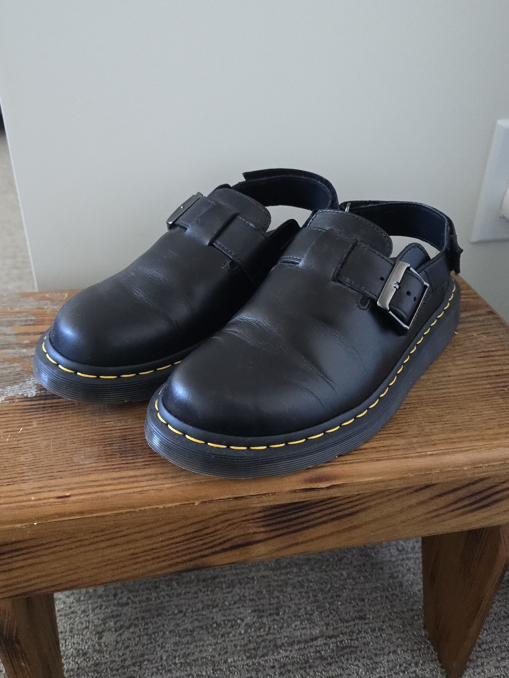 Dr. Martens Black Leather Slingback Clogs with Yellow Stitching